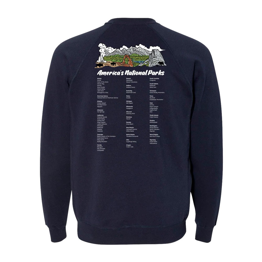 Navy sweatshirt with 'America's National Parks' graphic and list on the back against a white background