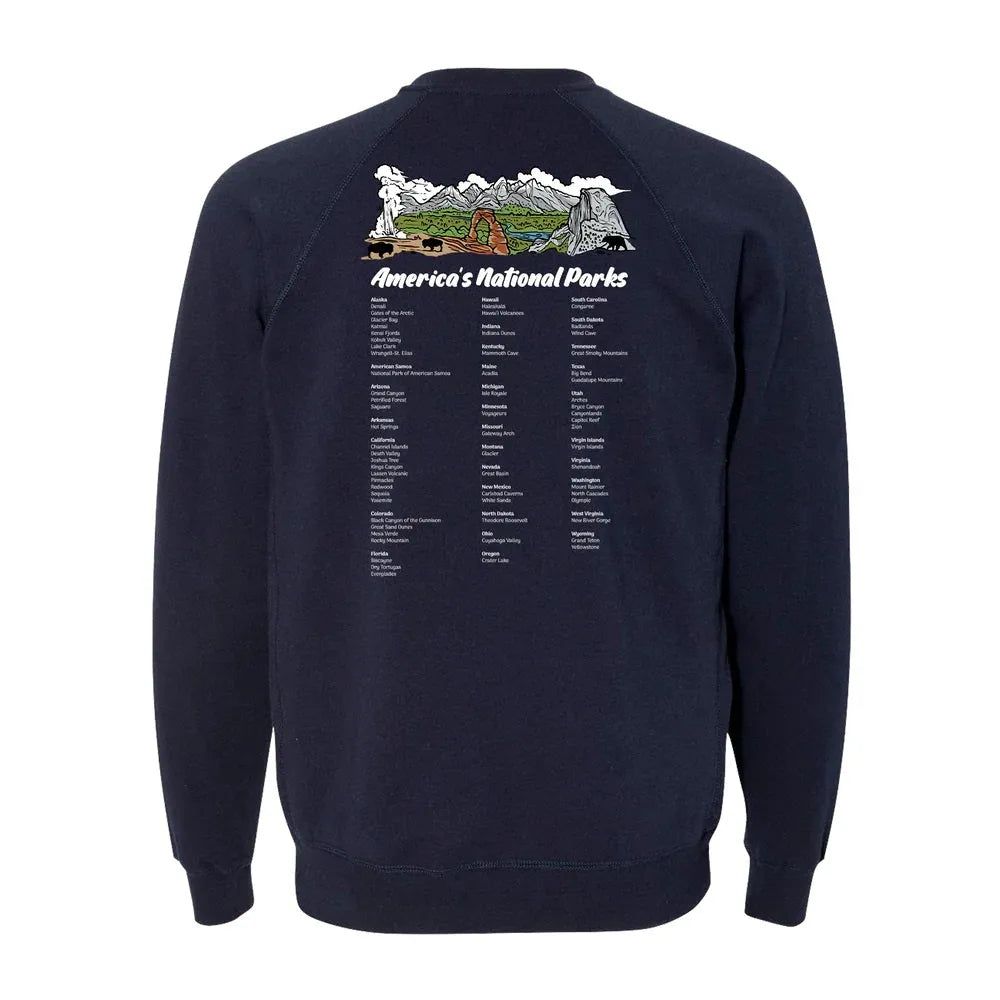 Navy sweatshirt with 'America's National Parks' graphic and list on the back against a white background