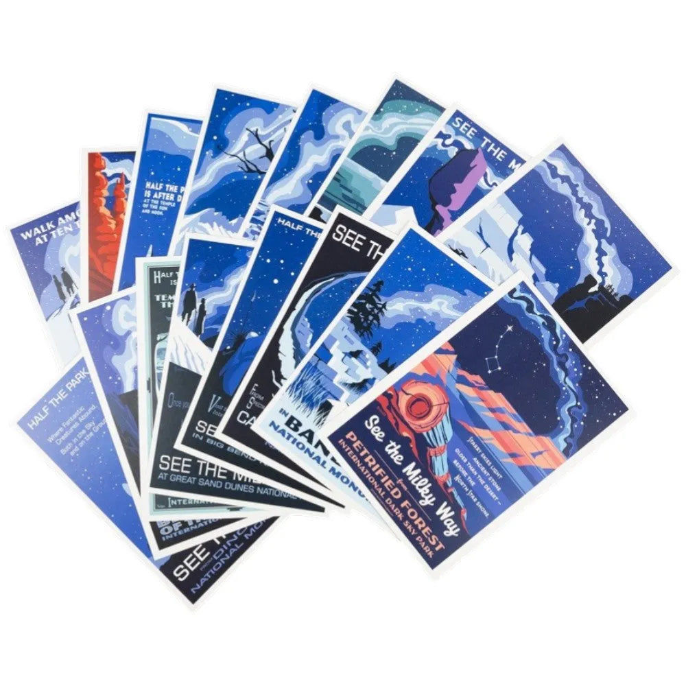 Collection of night sky postcards with various designs and text on a white background