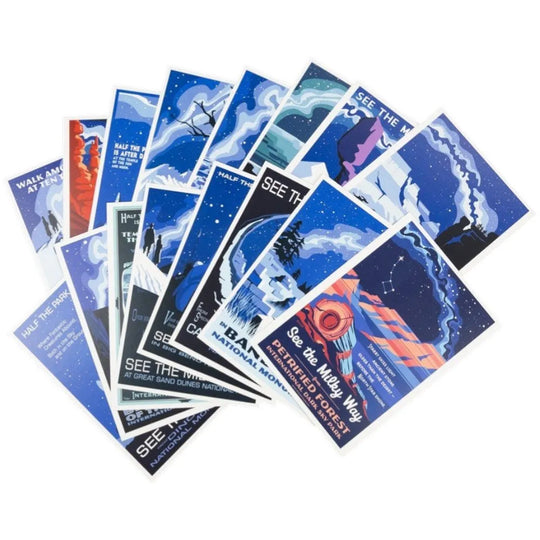Collection of night sky postcards with various designs and text on a white background