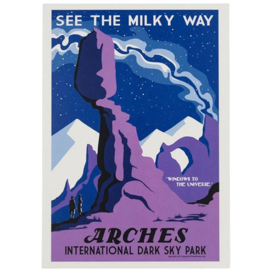 Postcard for Arches International Dark Sky Park with a silhouette of a rock formation against a starry sky.