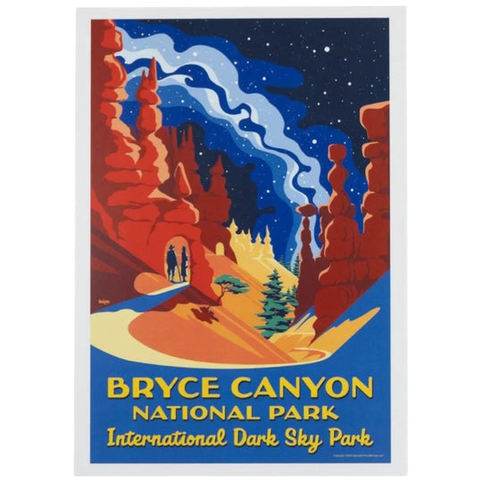 Postcard of Bryce Canyon National Park with red rock formations and a starry sky.