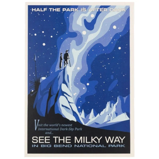 Postcard for Big Bend National Park with night sky and people on a mountain, promoting dark-sky viewing.