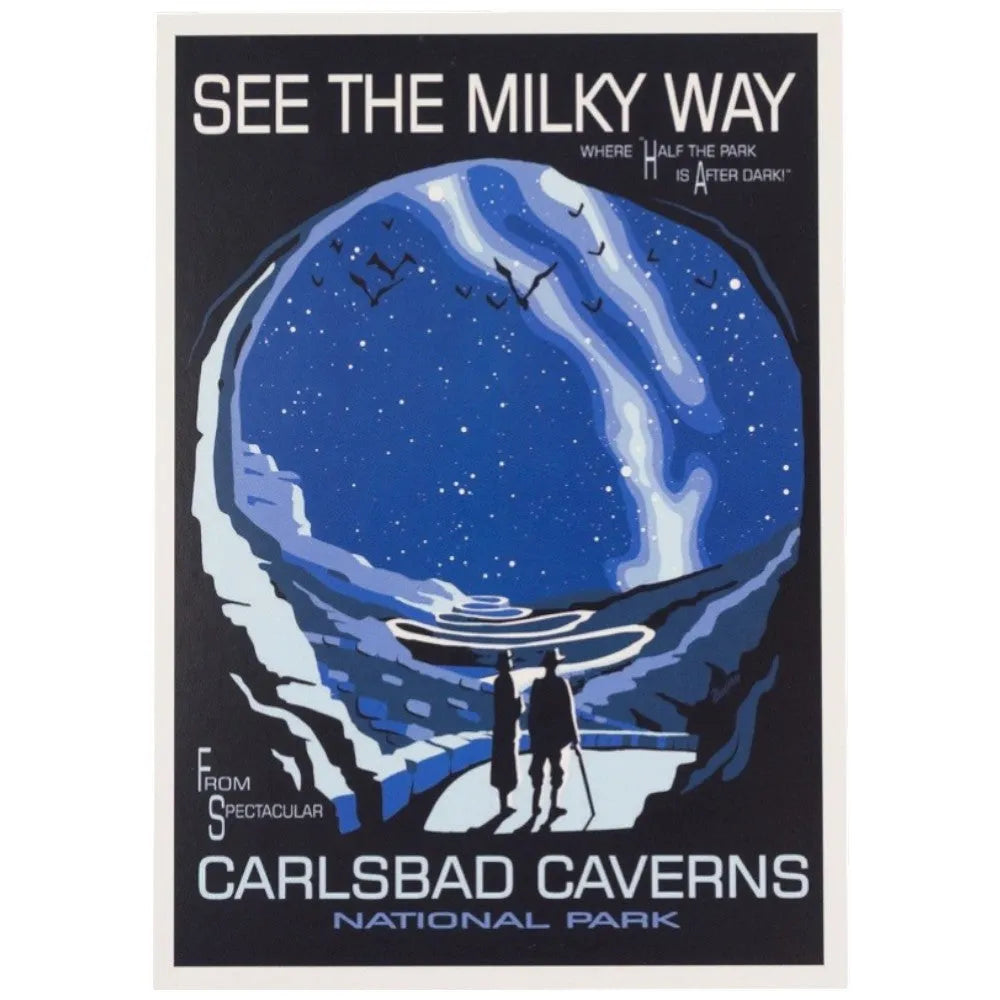 Postcard for Carlsbad Caverns National Park with a depiction of a cave entrance and people gazing at the stars.