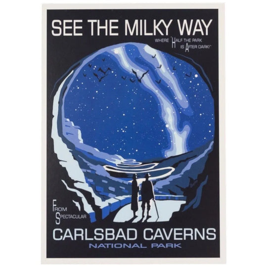 Postcard for Carlsbad Caverns National Park with a depiction of a cave entrance and people gazing at the stars.