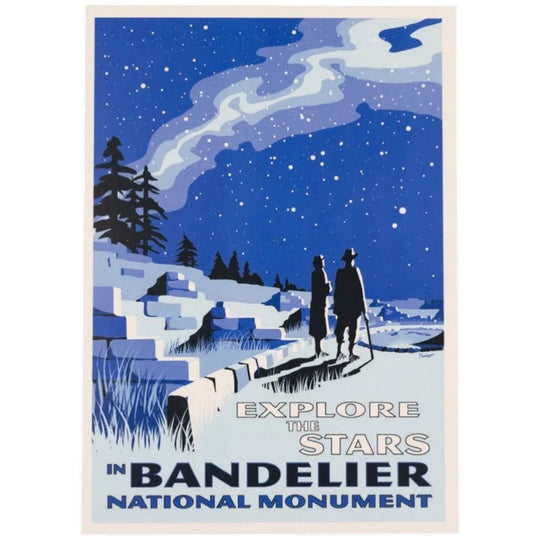 Vintage-style postcard of two people looking at the stars in Bandelier National Monument