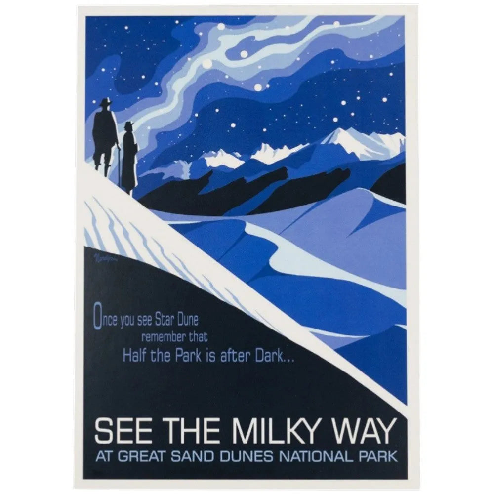 Postcard of a night scene with two figures looking at the stars, promoting Great Sand Dunes National Park.