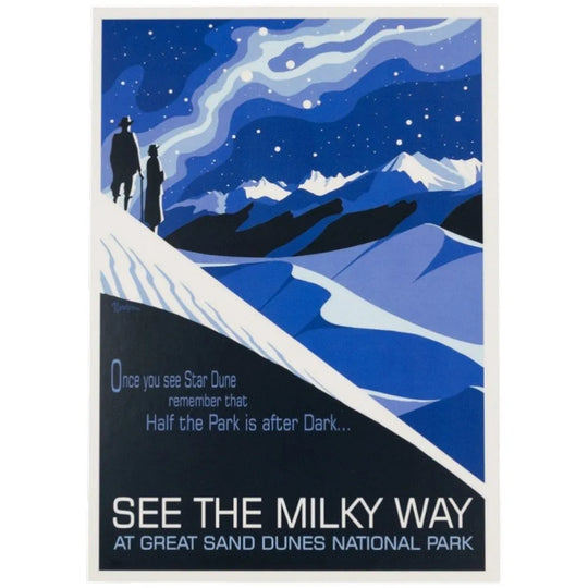 Postcard of a night scene with two figures looking at the stars, promoting Great Sand Dunes National Park.