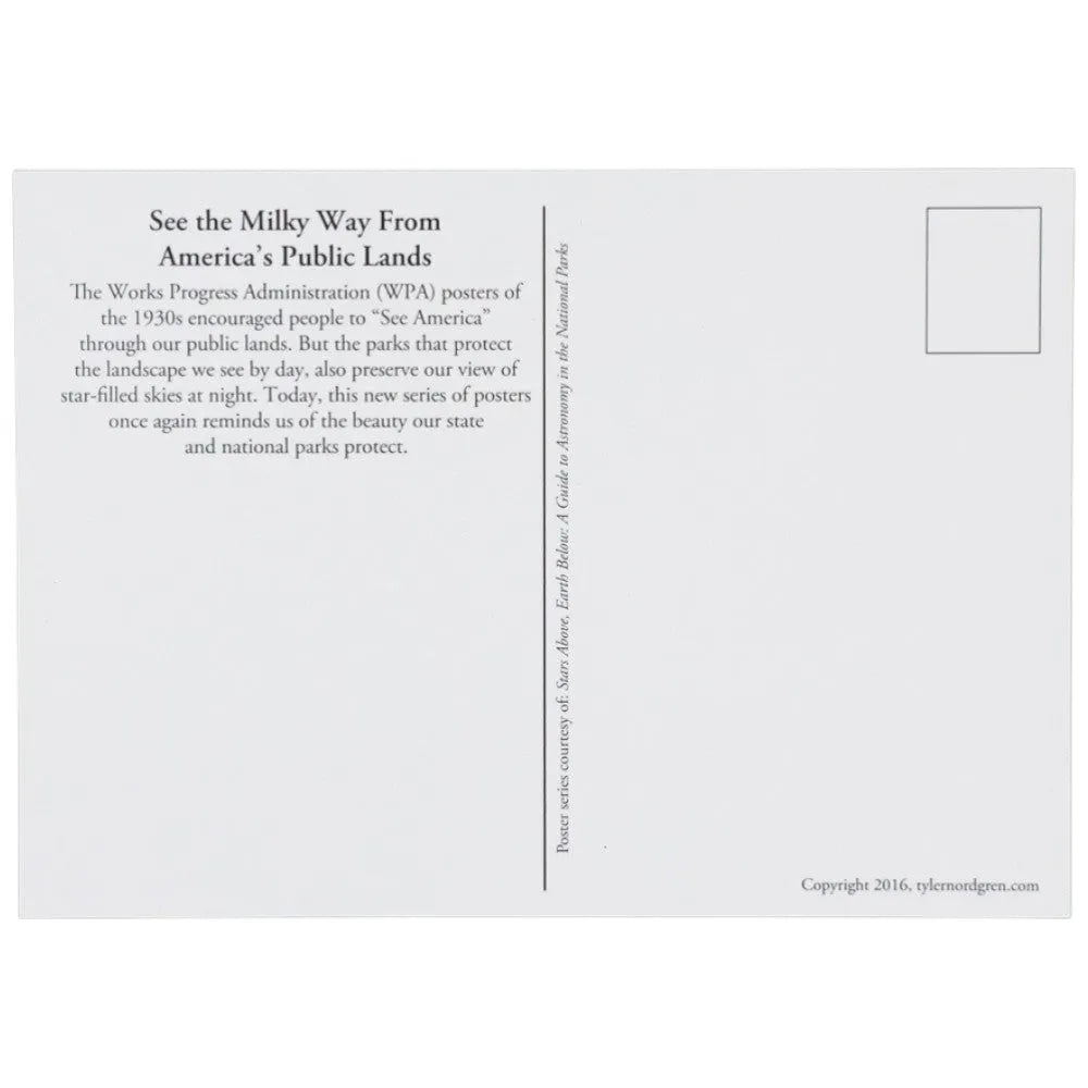 Back of a postcard with text about WPA posters and the Milky Way, on a white background.