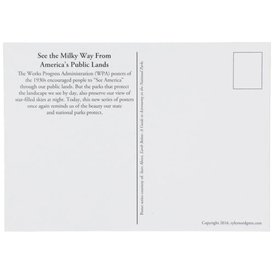 Back of a postcard with text about WPA posters and the Milky Way, on a white background.