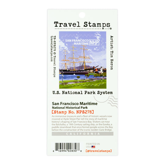 A Travel Stamps collectible travel stamp card for San Francisco Maritime National Historical Park, featuring a colorful illustration of historic ships and a lighthouse on the card, with detailed text and a barcode.