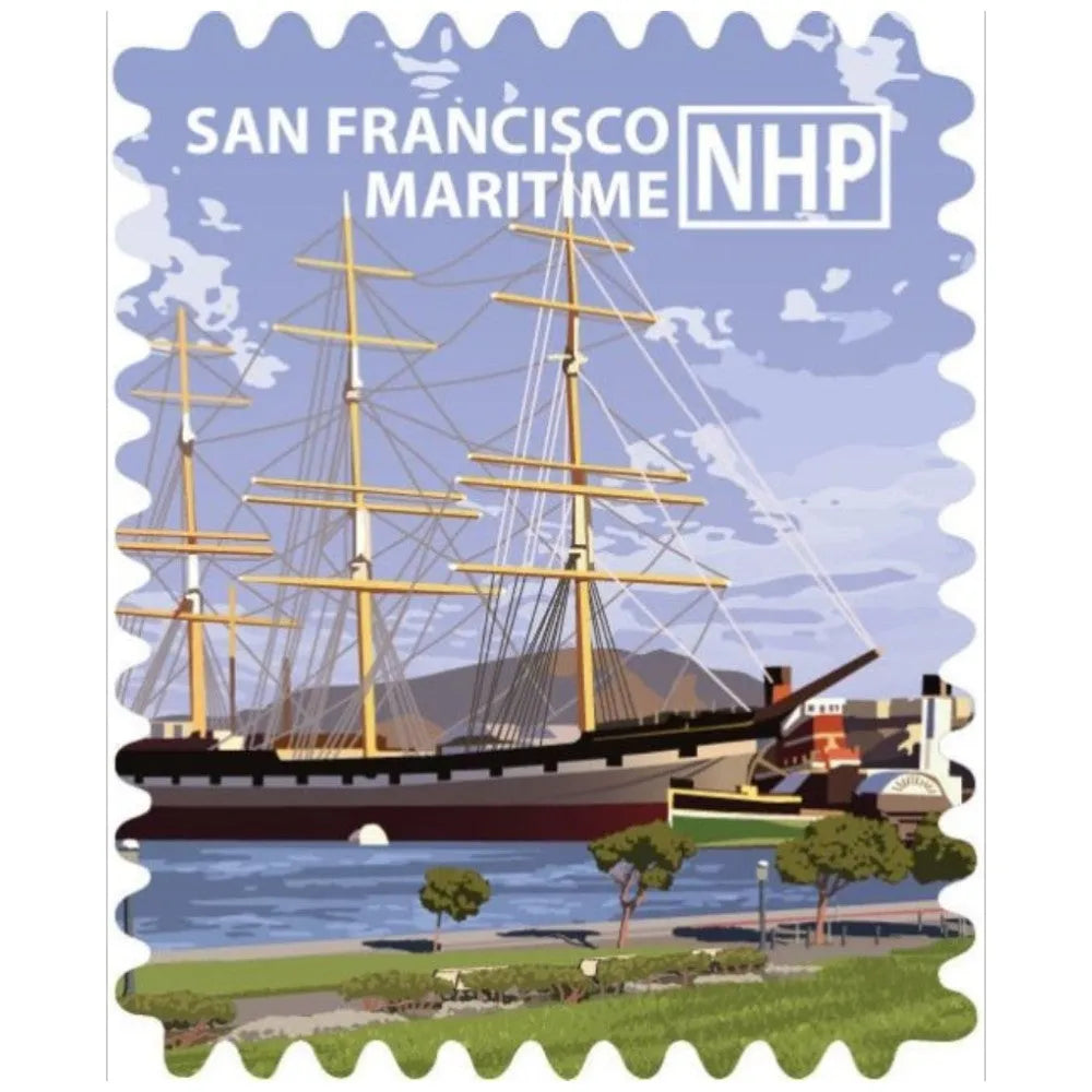 A stylized illustrated stamp-like graphic with scalloped edges reading “SAN FRANCISCO MARITIME NHP,” showing a large wooden sailing ship, harbor scene, water, trees, and a bridge against a blue sky.