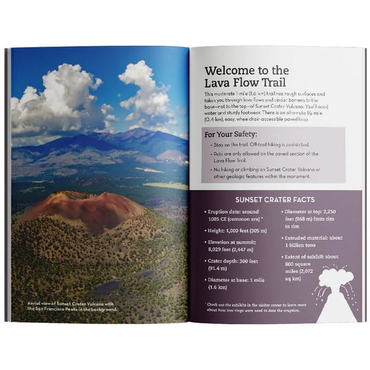 Open book showing a scenic mountain landscape with text on safety and facts about Sunset Crater Volcano.