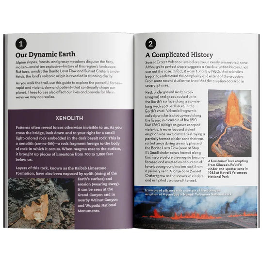Open book showing two pages with text and images about the Earth and volcanoes.