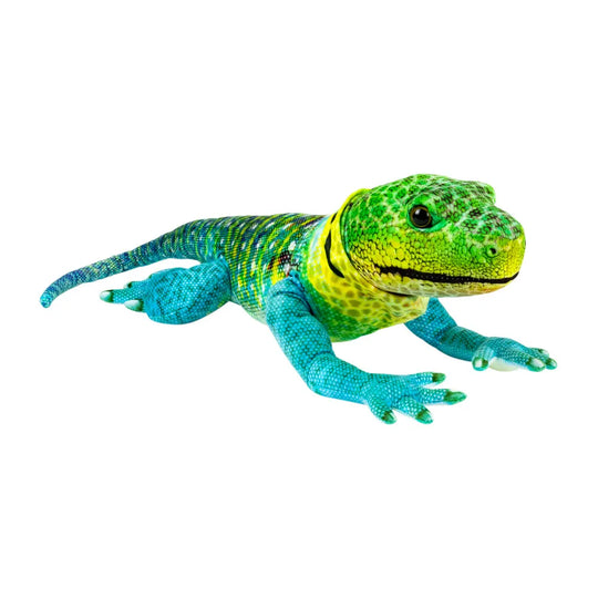 A realistic plush lizard toy in vibrant green and blue colors, posed on a solid white background.