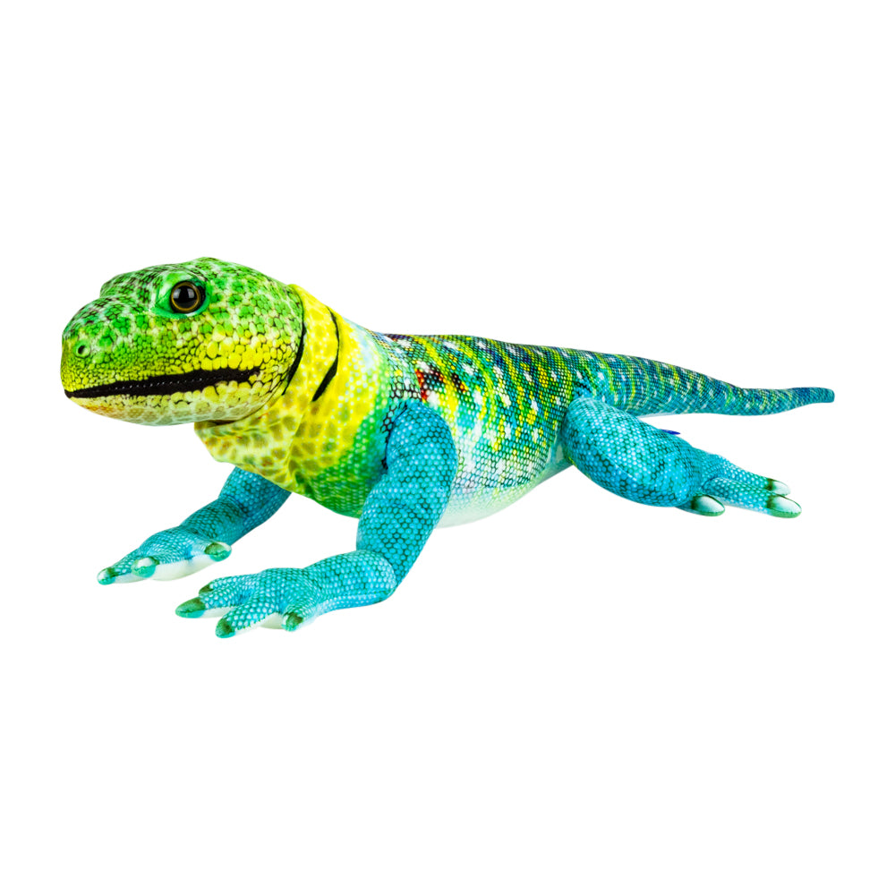 A colorful plush lizard toy with a green and yellow head and chest, and bright blue legs, shown on a plain white background.