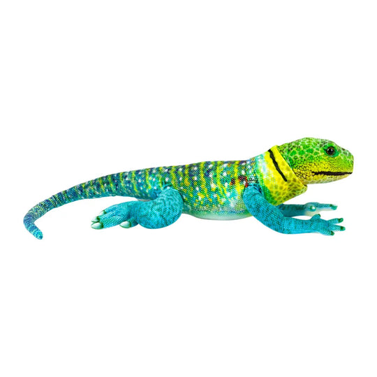 A small colorful lizard figurine or plush toy in bright blue, green, and yellow, shown in side profile on a plain white background.