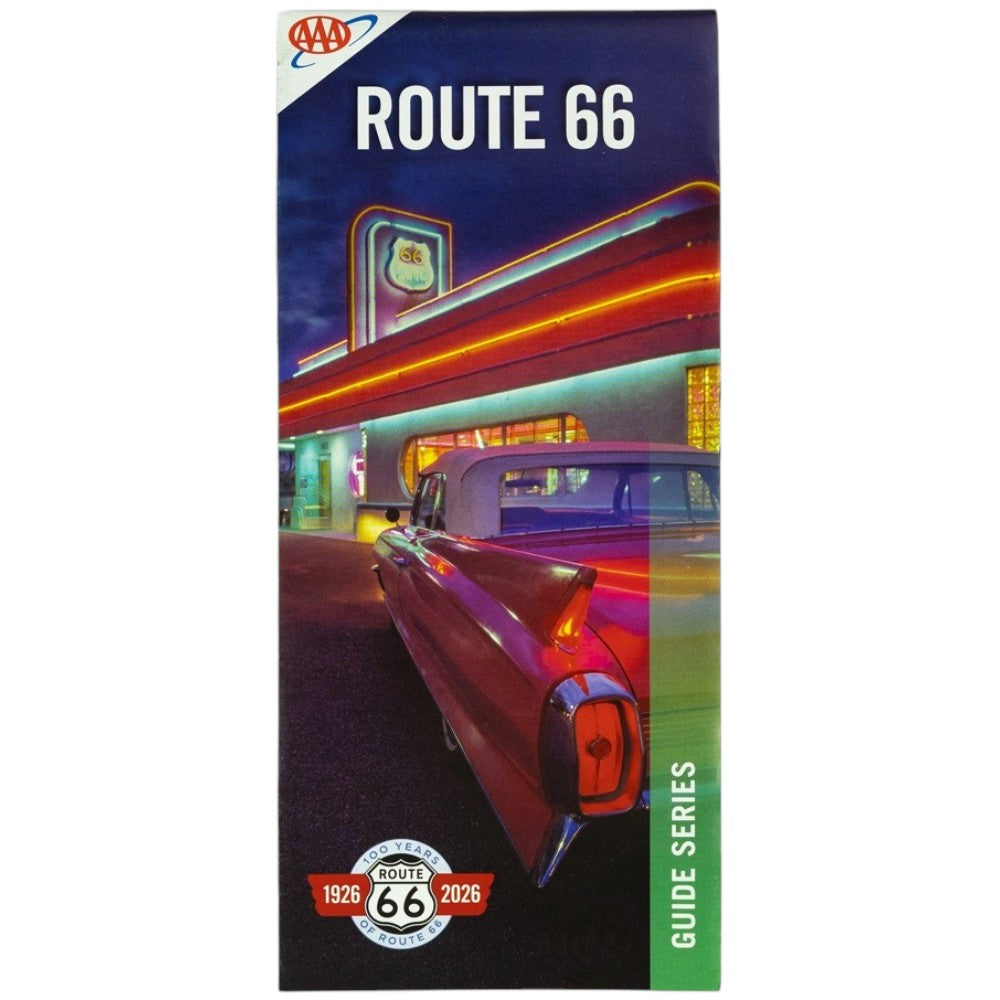 A vertical AAA Route 66 Guide Series booklet cover featuring a retro 1950s car parked in front of a neon-lit diner at night, with the AAA logo at the top and a green &