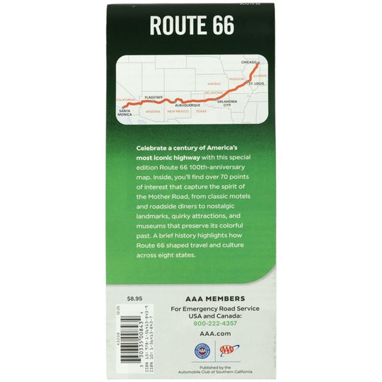Back cover of a Route 66 commemorative map, with a dark green header reading &