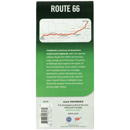 Back cover of a Route 66 commemorative map, with a dark green header reading &