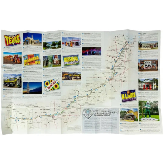 A folded paper map poster featuring the Route 66 with numerous small color photographs, labels, and text panels. The map includes prominent sections labeled Texas, Oklahoma, Kansas, Missouri, and Illinois, with a central route diagram and decorative vintage-style signage.