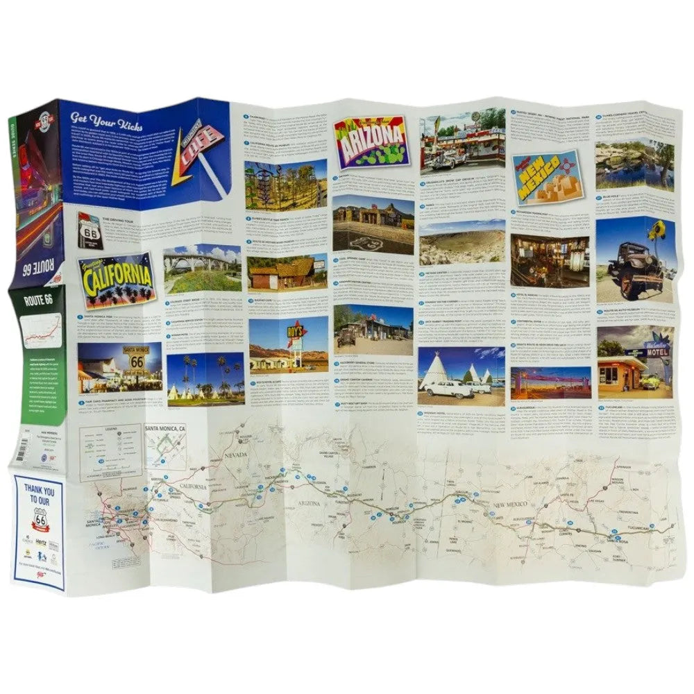 A folded paper map shown partially unfolded to display its detailed layout, scenic photographs, and text sections. The map features a cream-colored base with blue, red, and green printed details, including a highway route and landmarks.