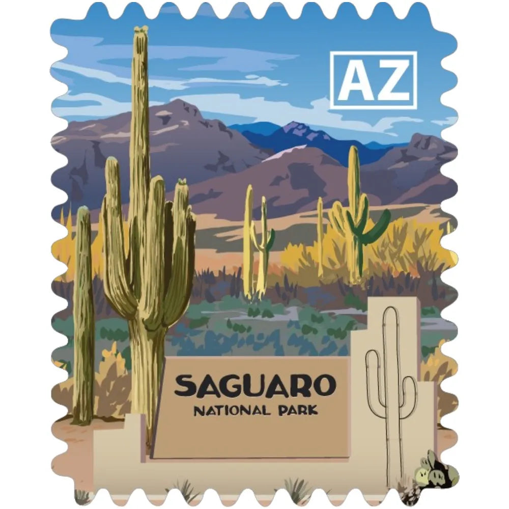 A square stamp shaped sticker, featuring a vintage-style illustrated design of Saguaro National Park, Arizona. The design includes a blue sky, mountains, various green and yellow cacti, and a tan sign reading &