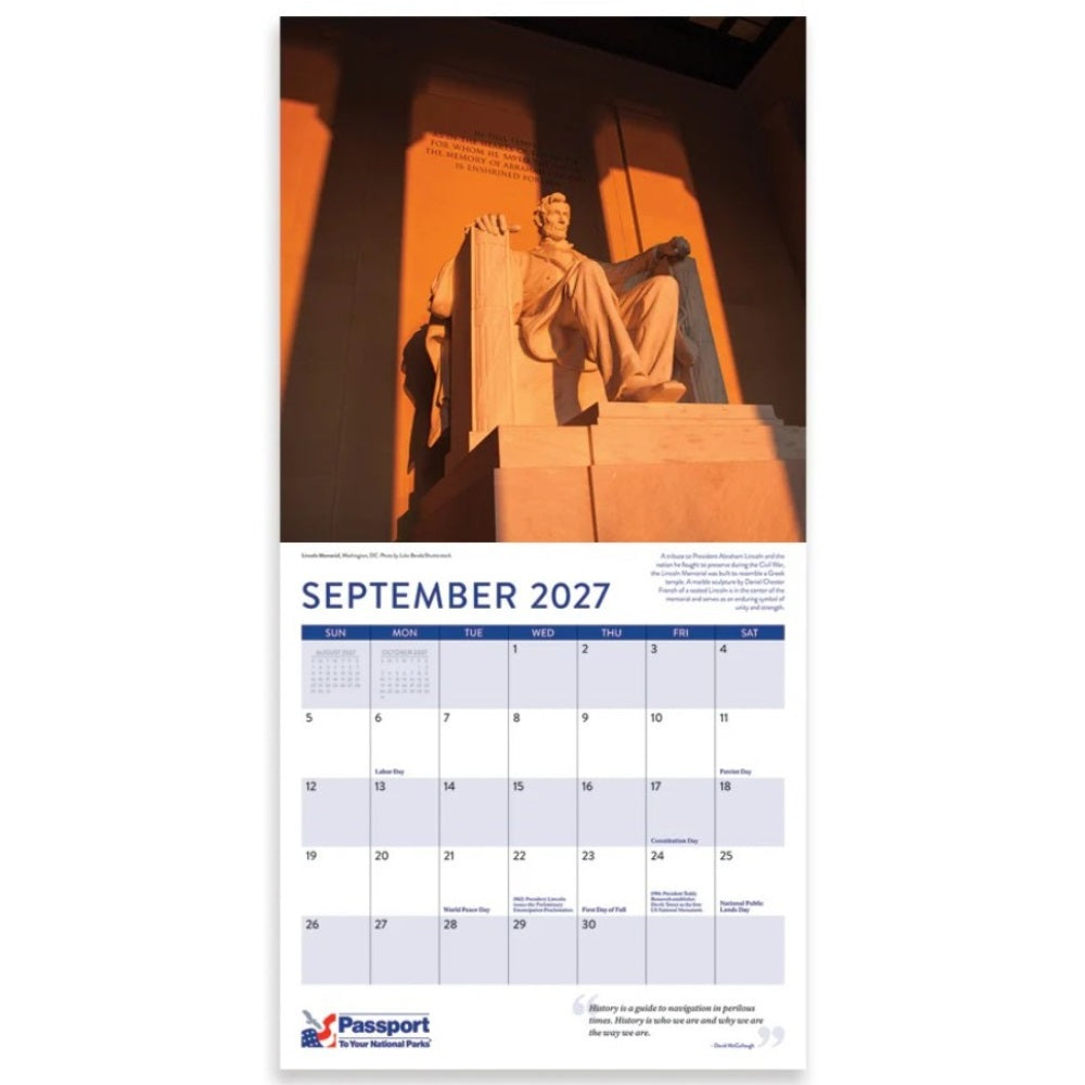 September 2027 wall calendar page featuring a large photograph of the Lincoln Memorial statue in warm orange light, with a white monthly grid below and the Passport logo at the bottom.