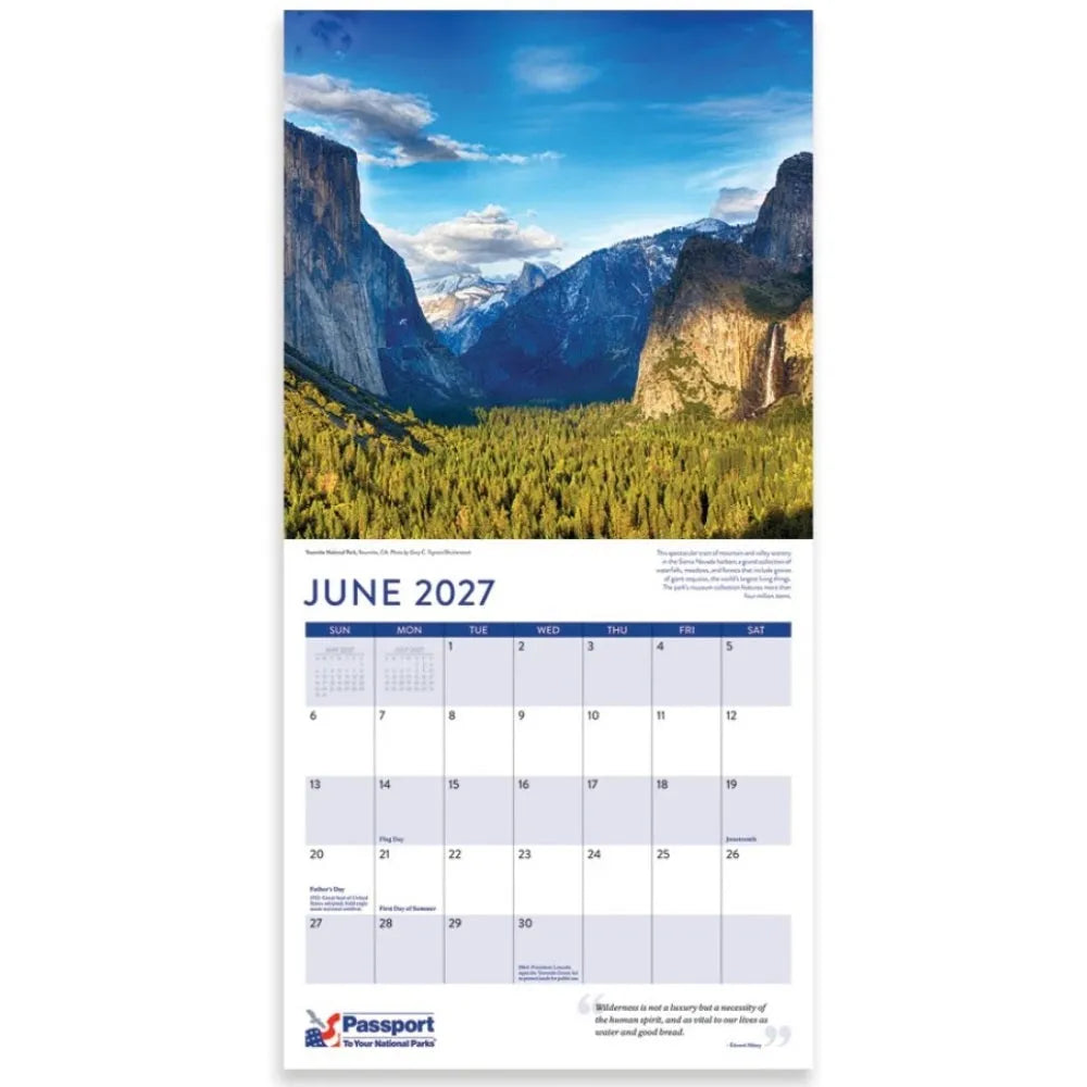 A vertical wall calendar page for June 2027, featuring a large Yosemite Valley landscape photograph at the top and a white calendar grid below with the Passport logo at the bottom.