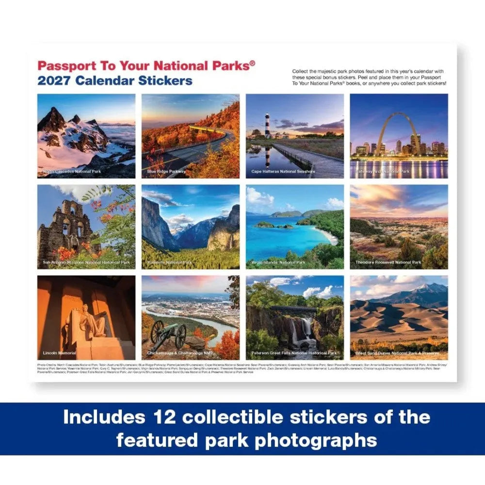 Passport To Your National Parks 2027 Calendar Stickers featuring a 3x4 grid of twelve different national park photographs with descriptive text, plus a blue banner at the bottom stating it includes 12 collectible stickers.