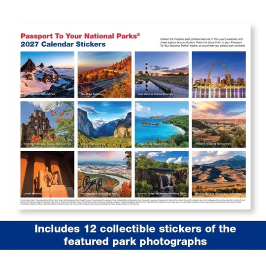 Passport To Your National Parks 2027 Calendar Stickers featuring a 3x4 grid of twelve different national park photographs with descriptive text, plus a blue banner at the bottom stating it includes 12 collectible stickers.