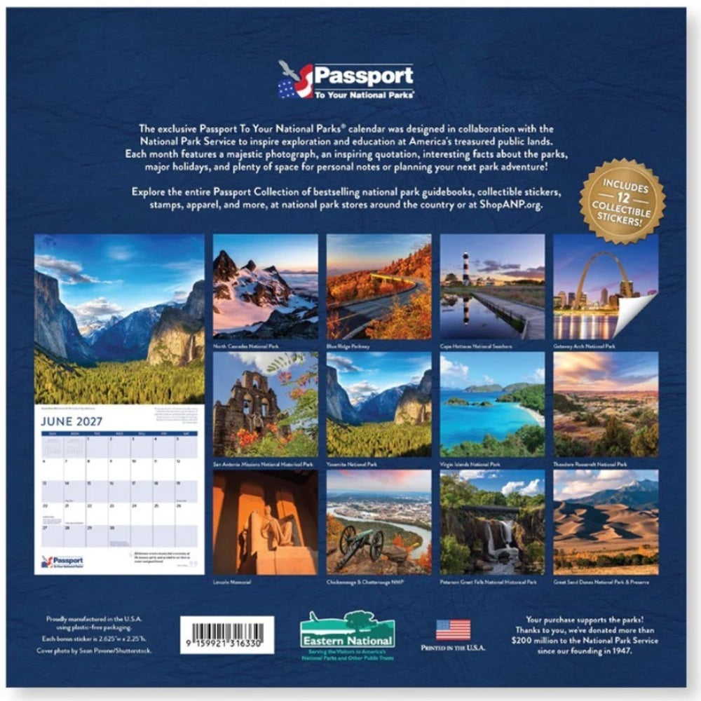 Back cover of a Passport To Your National Parks wall calendar, featuring a dark blue background with product description text, a grid of twelve scenic national park photographs, a sample June 2026 calendar page, and collector&