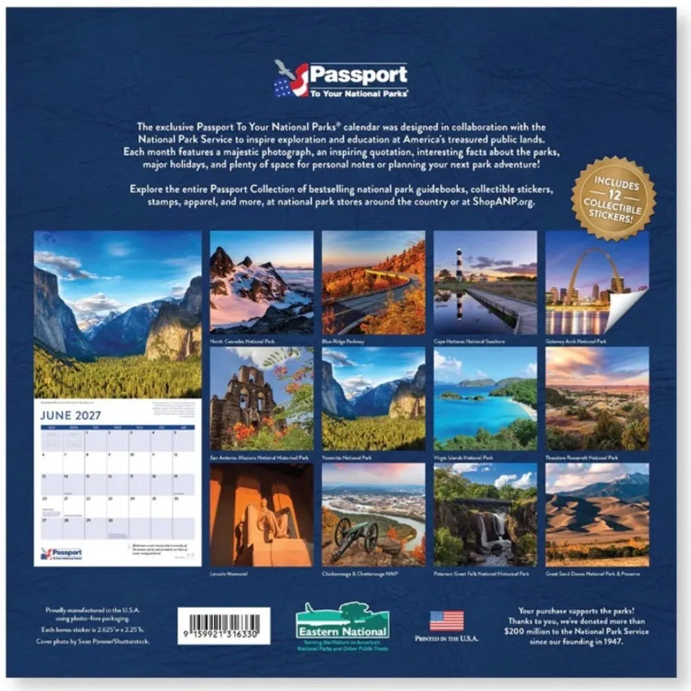 Back cover of a Passport To Your National Parks wall calendar, featuring a dark blue background with product description text, a grid of twelve scenic national park photographs, a sample June 2026 calendar page, and collector&