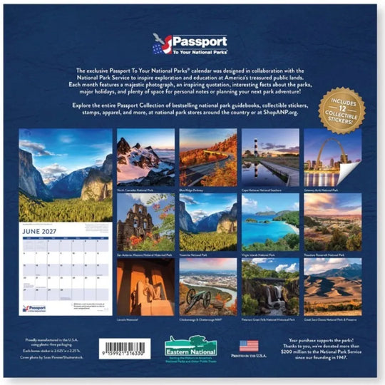 Back cover of a Passport To Your National Parks wall calendar, featuring a dark blue background with product description text, a grid of twelve scenic national park photographs, a sample June 2026 calendar page, and collector&