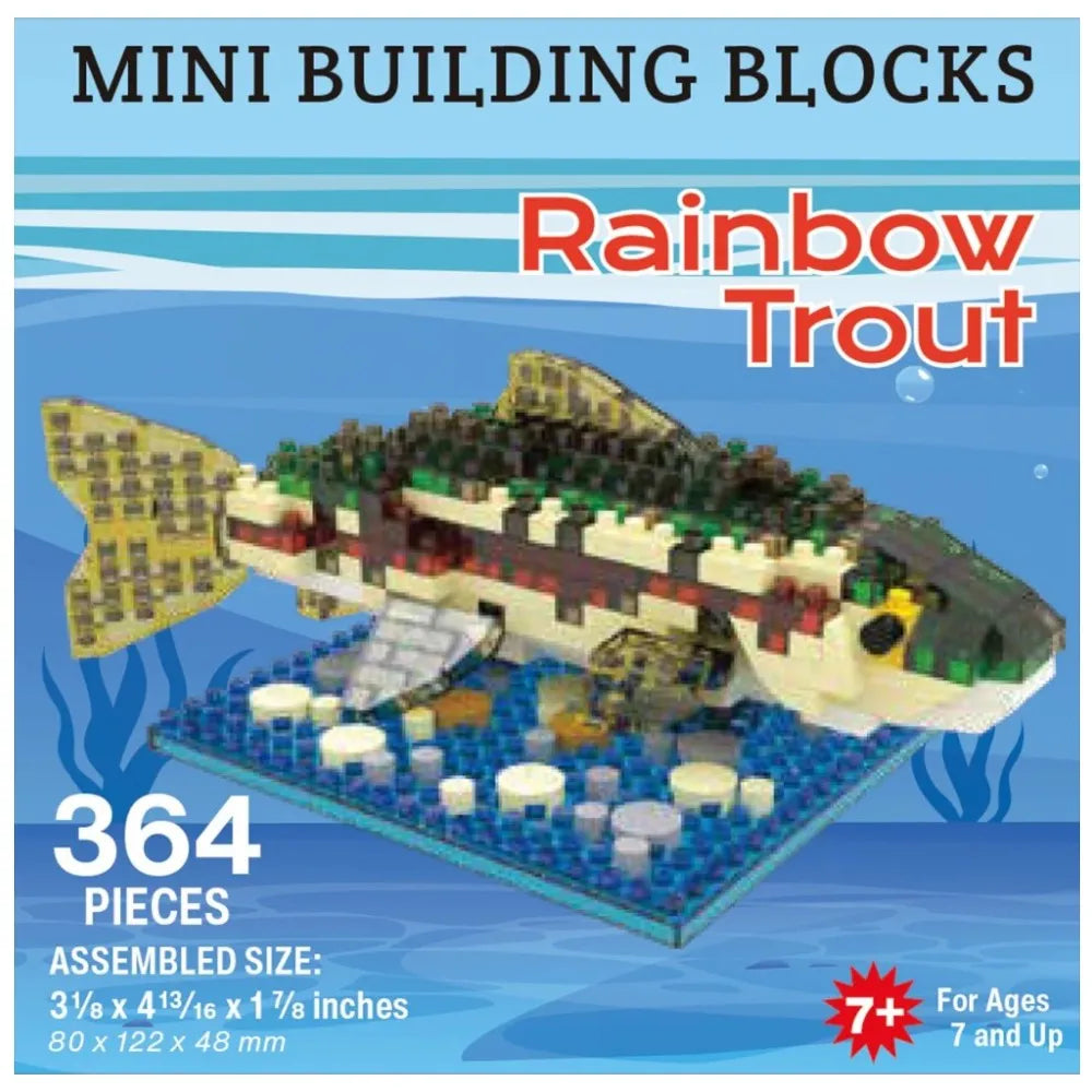 Mini building blocks set of a rainbow trout with packaging details.