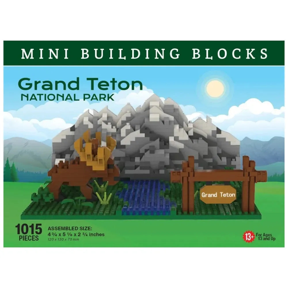 Box of Grand Teton National Park mini building blocks with mountain and sign design.