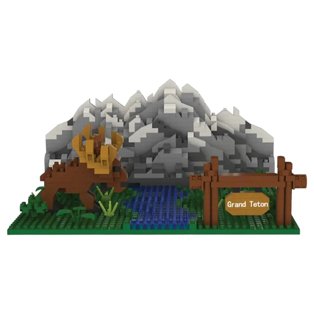 Model of Grand Teton National Park made from interlocking bricks with a mountain, lake, and sign.