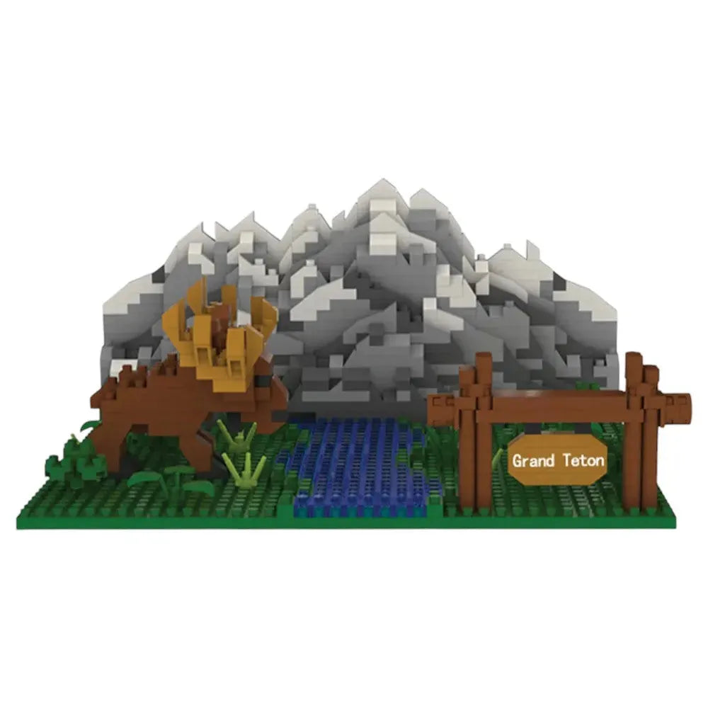 Model of Grand Teton National Park made from interlocking bricks with a mountain, lake, and sign.