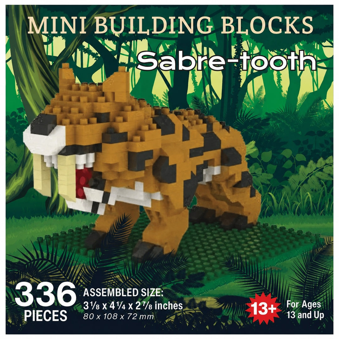 Box-style product graphic for a mini building blocks set featuring a saber-tooth tiger made from tan, black, white, and red blocks, with jungle artwork in the background and text showing 336 pieces and assembled size 3 1/2 x 4 1/2 x 2 7/8 inches.