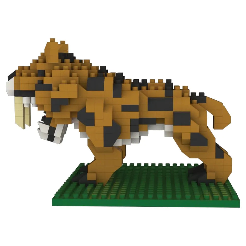 Toy tiger made of interlocking bricks on a white background