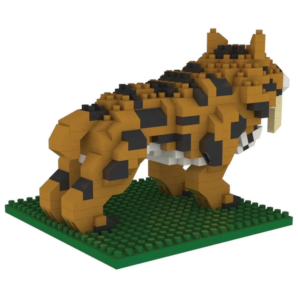 Toy tiger made of interlocking bricks on a green baseplate with a white background