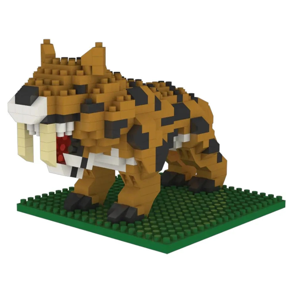Toy figure of a tiger made from interlocking bricks on a green baseplate.