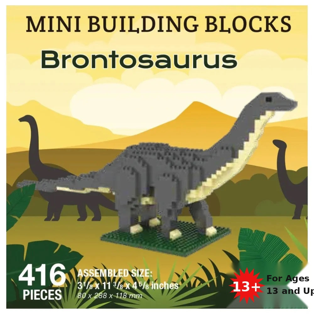 Brontosaurus mini building blocks set packaging graphic showing a gray and cream brick-built long-necked dinosaur on a green base, with text reading 'MINI BUILDING BLOCKS Brontosaurus', '416 PIECES', dimensions, and 'For Ages 13 and Up'.