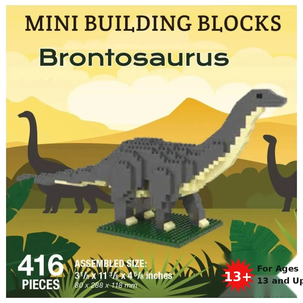 Brontosaurus mini building blocks set packaging graphic showing a gray and cream brick-built long-necked dinosaur on a green base, with text reading 'MINI BUILDING BLOCKS Brontosaurus', '416 PIECES', dimensions, and 'For Ages 13 and Up'.