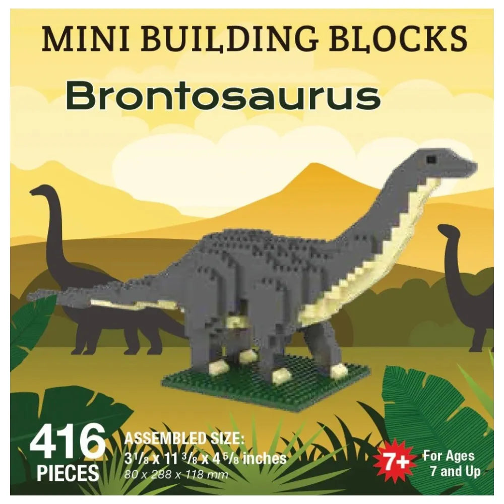 Box of mini building blocks shaped like a Brontosaurus with a dinosaur-themed background.