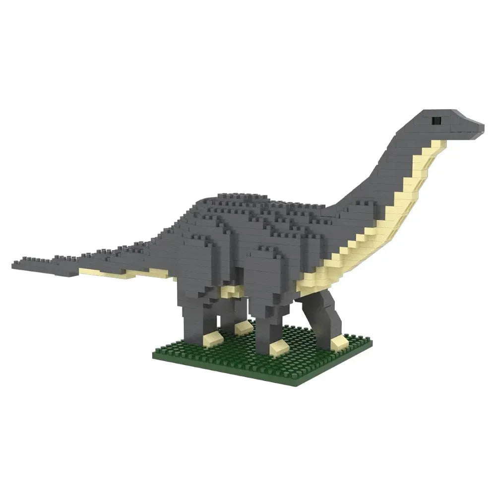 Dinosaur model made of interlocking bricks on a white background