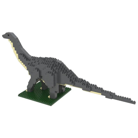 Dinosaur model made of interlocking bricks on a white background