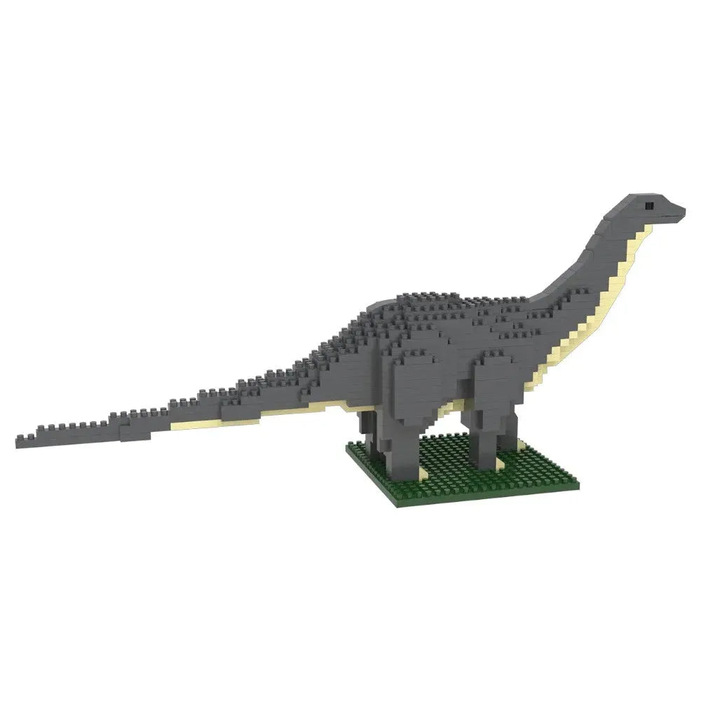 Dinosaur model made from interlocking bricks on a white background