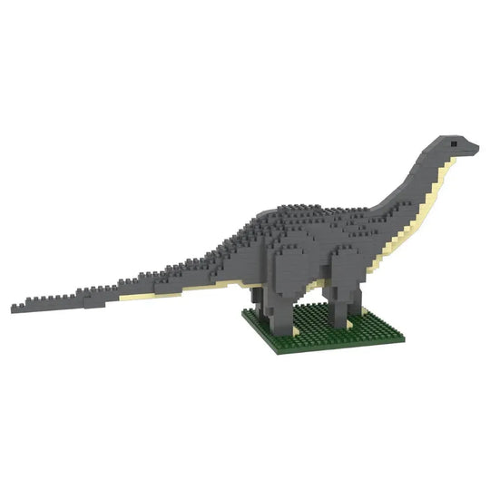 Dinosaur model made from interlocking bricks on a white background