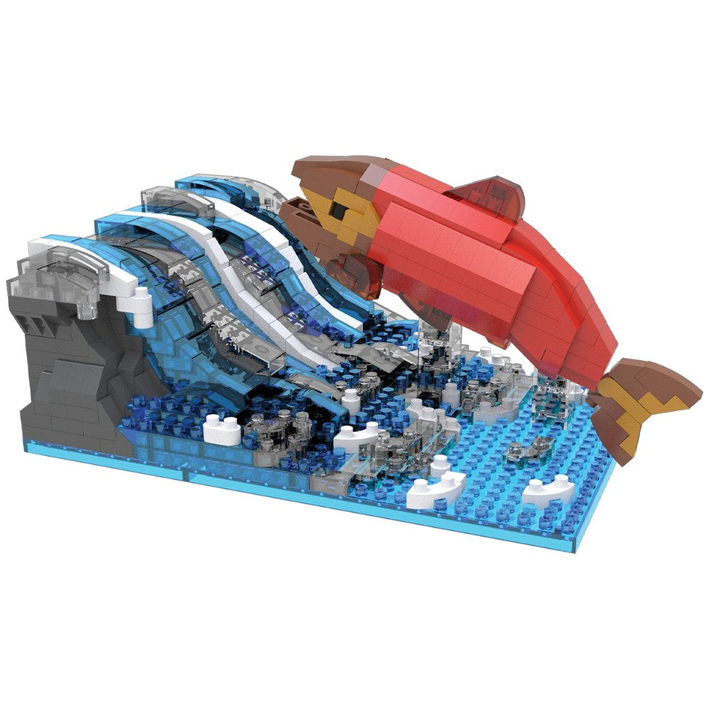 Toy building set with a red salmon on a blue base